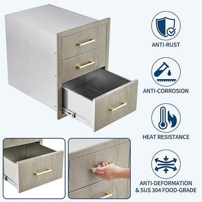 Stainless Steel Outdoor Kitchen Triple Drawers 18" W x 23" D x 23" H - Heavy Duty with Handles, Weather-Resistant Flush Mount for BBQ Island, Patio Grill & Outdoor Cooking Space
