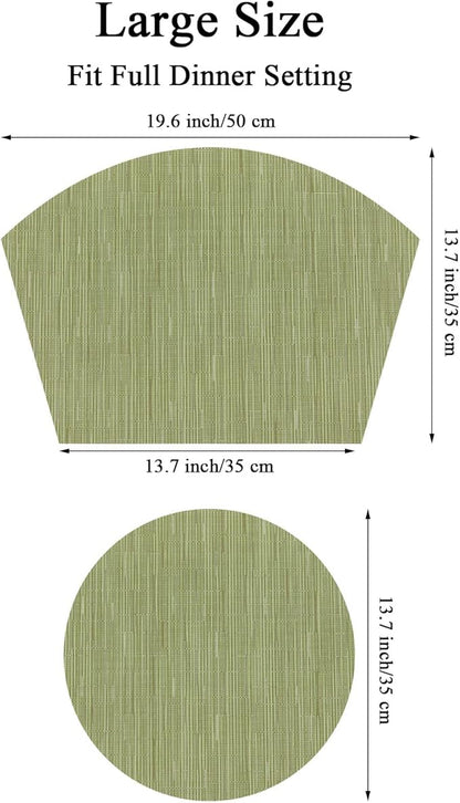 SHACOS Large Size Wedge Shape Placemats with Centerpiece Round Mat Set of 5 Round Table Place Mats Washable Dining Table Placemats Reversible, Green