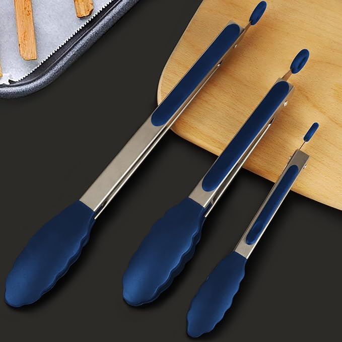 HOTEC Premium Stainless Steel Locking Kitchen Tongs with Silicon Tips, Set of 3-7", 9" and 12" (Classic Blue)