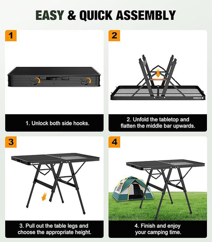 Foldable Grill Table with Mesh Desktop, 200lbs 3Ft Portable Folding Table, Height Adjustable Metal Table for Ourdoor, Camping, Picnic, BBQ and Beach, RV, 35.4" L x 23.6" W