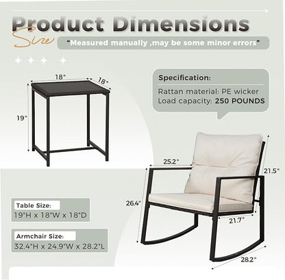 SUNCROWN 3 Piece Outdoor Rocking Bistro Set Black Wicker Furniture Porch Chairs - Image 9