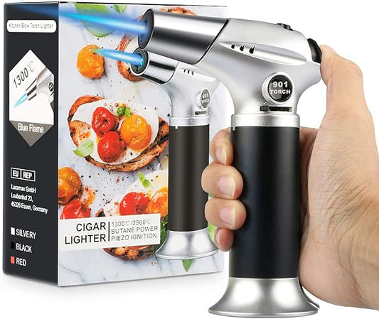 Blow Torch, Home-Grade Kitchen Cooking Torch with Lock Adjustable Flame Refillable Mini Blow Torch Lighter for BBQ, Baking, Brulee Creme,Light Cooking Tasks,DIY Soldering (Butane Gas Excluded)