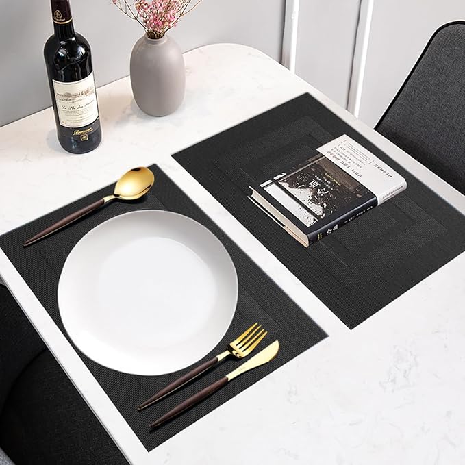 PIGCHCY Placemats Set of 12 Washable Durable Place Mats Vinyl Heat Resistant Non-Slip Table Mats Indoor Outdoor (Pure Black)