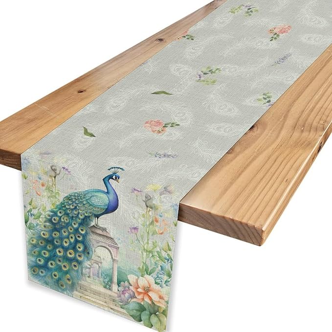 Peacock Table Runner,Watercolor Traditional Chinese Style Peacock Floral Garden Traditionla Chinese Style Table Center Decor for Home Dining Kitchen Patio Party Indoor Table Decorations, 13"x108"