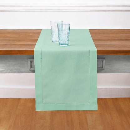 Solino Home Table Runner 108 Inches Long - Cotton Linen Hemstitch Aqua Table Runner 14 x 108 Inch for Winter, Spring, Easter