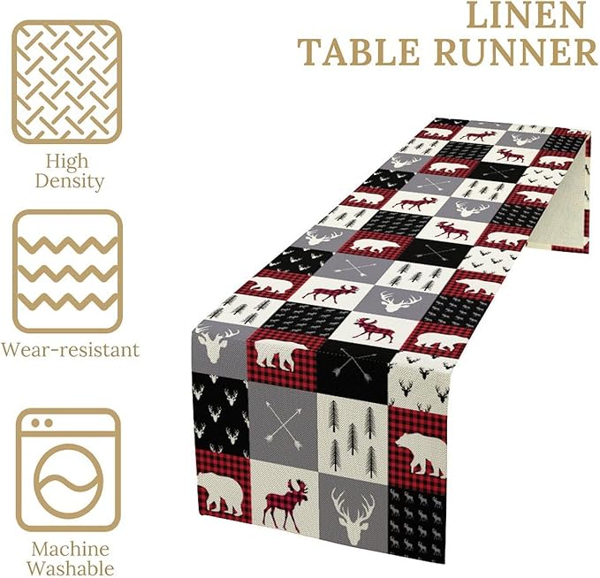 Farmhouse Bear Deer Table Runner, Retro Rustic Village Buffalo Plaid Table Runner for Coffee Table Dining Room Table Bedroom Party Holiday 13x60in