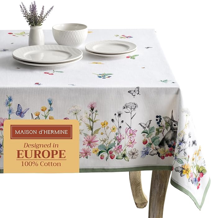 Maison d' Hermine Table Cloth Rectangle Table 100% Cotton 60 x 120 Inches Tablecloth Reusable Decorative for Dining Room, Farmhouse, Home, Party, Festive & Wedding Spring Summer - Printemps