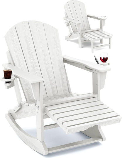 Adirondack Rocking Chair with Ottoman and Cup Holders | HDPE Porch Rocker by KINGYES