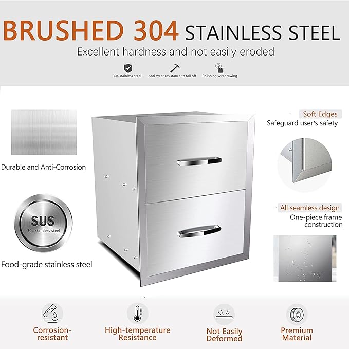 Pull Out Trash Drawer, Lower Sliding Rails Stainless Steel Roll Out Trash Bin Pull Out Tray With Handle For Outdoor Kitchen BBQ Island Grill Station,Double Drawers