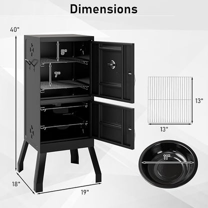 Happygrill Charcoal Grills, 40" Vertical BBQ Smoker Grill with Built-in Thermometer, Adjustable Air Dampers, Removable Water Pan & Grill Grates for Backyard Picnics, Party, Outdoor Camping