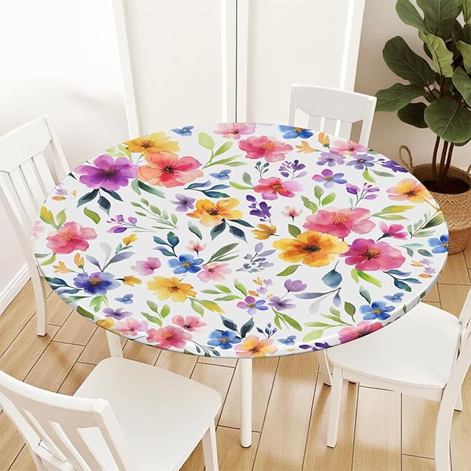 Spring Summer Floral Round Fitted Tablecloth with Elastic Watercolor Flower Outdoor Circle Table Cloth for 48-52" Tables Colorful Stretch Waterproof Washable Table Cover for Picnic Dining Party Decor