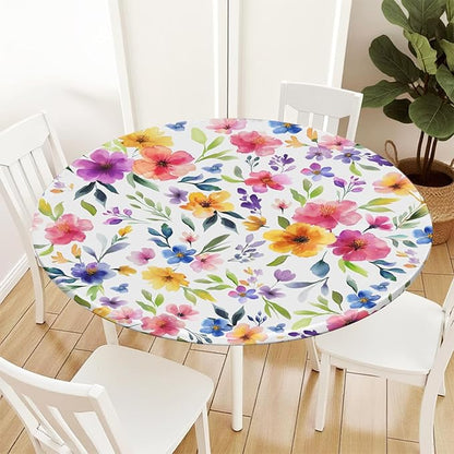 Spring Summer Floral Round Fitted Tablecloth with Elastic Watercolor Flower Outdoor Circle Table Cloth for 48-52" Tables Colorful Stretch Waterproof Washable Table Cover for Picnic Dining Party Decor
