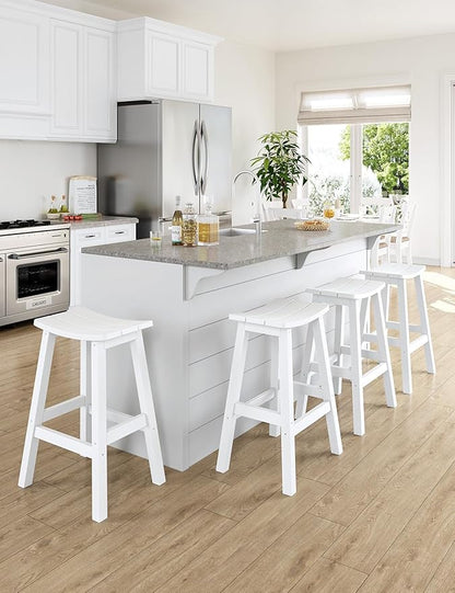 Weatherproof Bar Stools Set of 4, 28" Height Outdoor Bar Stools Holds up to 400 lbs, Saddle Seat, Bar Height Stools for Patio, Garden, and Kitchen Island, White