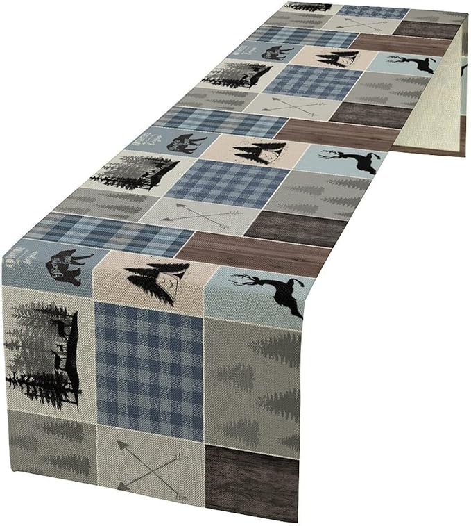 Rustic Bear Deer Table Runner, Blue Checkered Nature Forest Wildlife Farmhouse Cabin Country Table Runner for Outdoor Dining Kitchen Camping Party 13x108in