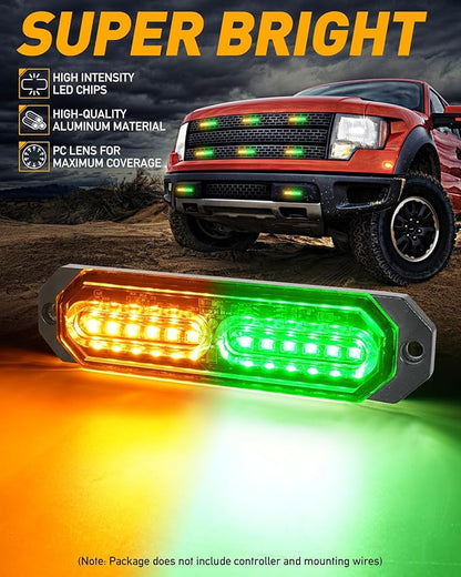 HLauto 1200T Emergency Strobe Grille Lights: 8pcs 12 LED Sync Feature Safety Warning Flashing Lights, Ultra Slim Surface Mount Hazard Caution Lights for Trucks, Vehicles, Car, ATV, UTV (Amber Green)