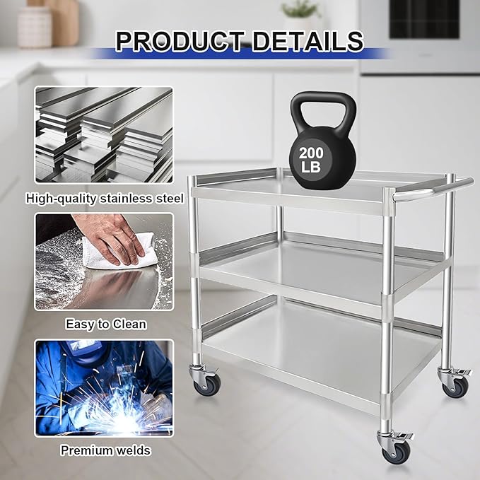 3 Tier Stainless Steel Utility Cart | Heavy Duty Metal Rolling Cart with Handle & Wheels | Ideal for Kitchen, Restaurant, Hospital, Laboratory & Home (16''x24''x34'')