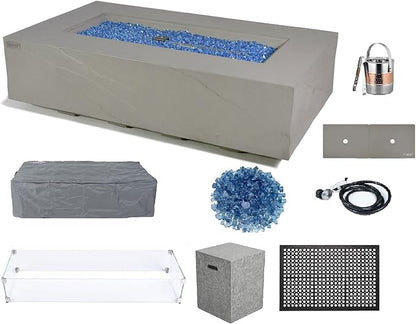 Elementi+ | Bundle Meteora Gas Fire Pit Cast Concrete 56" Rectangular Fire Table, Outdoor Fire Pit Electronic Ignition | Canvas Cover, Fire Glass and Burner Lid Included | Light Gray | Propane Gas