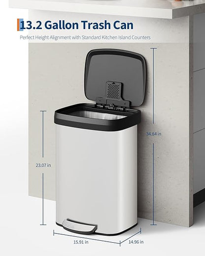 Garvee 13 gal / 50 L Metal Trash Can with Lid, Large Garbage Can for Kitchen, Rustproof Step-on Kitchen Metal Trash Bin with Liner Rim, Rear Handle, Soft Close Plastic Lid, White