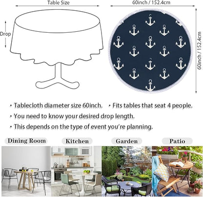 Round Tablecloth Waterproof Table Cloth for Kitchen Dinning Wedding Party Tabletop Decor,Nautical Anchor On Navy Blue Table Cover with Lace Trim,60 Inch
