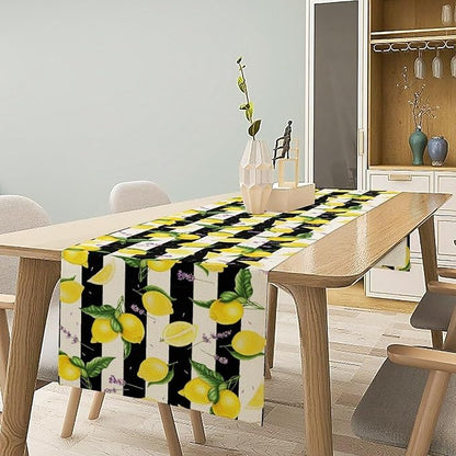 Farmhouse Lemon Fruit Table Runner Nature Aesthetic Black White Stripe Flowers Plant Dining Table Decoration for Home Holiday Party Dresser Kitchen Cabin Restaurant Wedding Decor 13×108in