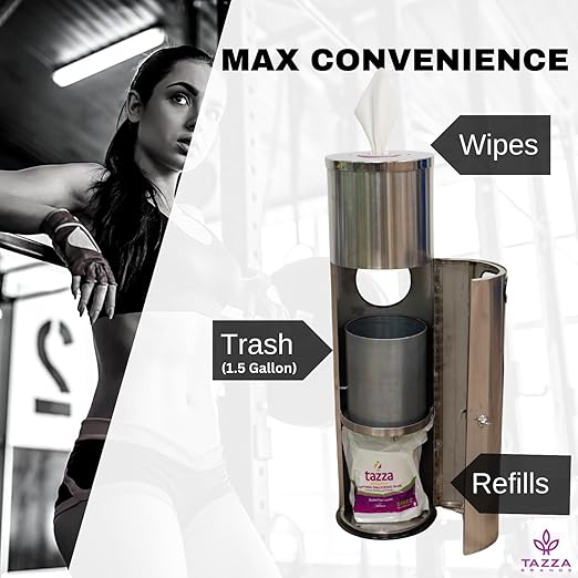 Tazza Gym Wipe Dispenser with Stainless Steel Floor Stand, Built-in Trash Can, Fitness Equipment Wipes Holder, 1.5 Gallon, Silver