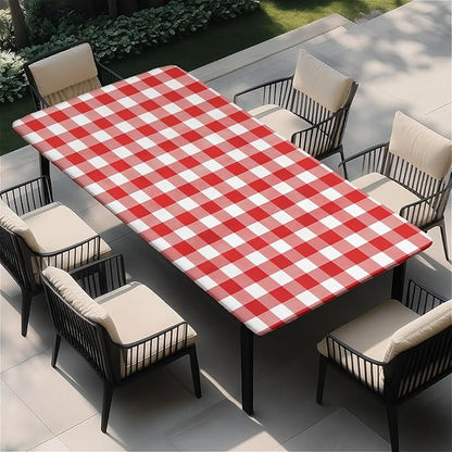 Rectangle Table Cloth Cover Waterproof Elastic Fitted Polyester Fitted Tablecloths for 6 Foot Tables for Indoor,Picnic, Camping, Outdoor （72" x 30"，Red Grid）