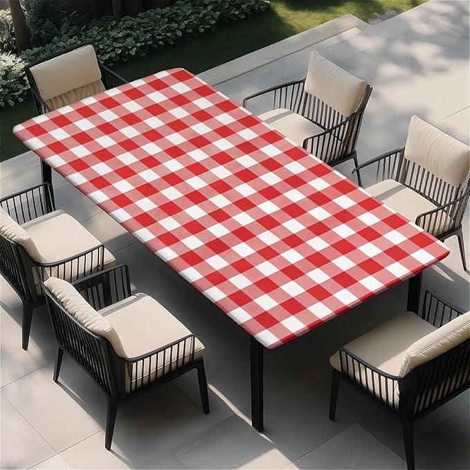 Rectangle Table Cloth Cover Waterproof Elastic Fitted Polyester Fitted Tablecloths for 4 Foot Tables for Indoor,Picnic, Camping, Outdoor （48" x 30"，Red Grid）