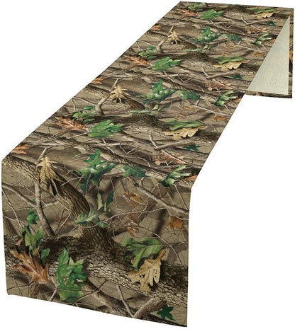 Forest Camouflage Table Runner, Camo Conifer Oak Branches Mossy Hunting Lodge Camp Cabin Table Runner for Kitchen Dining Room Party Camping 13x108in
