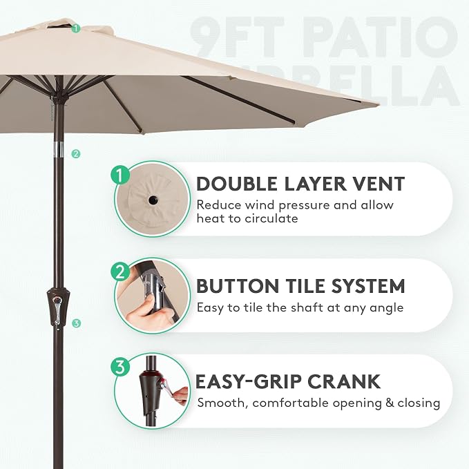 JEAREY 9FT Outdoor Patio Umbrella, Market Umbrella, Cream Beige | Outdoor Table - Image 2
