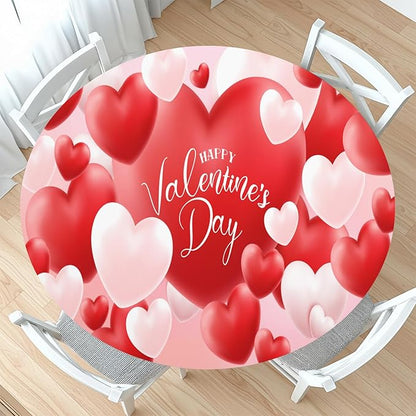 Valentines Day Round Fitted Tablecloth with Elastic Red White Love Heart Circle Table Cloth for 48-52" Round Tables Wipeable Waterproof Washable Valentine Table Cover for Picnic Dining Party Decor