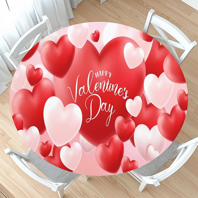 Valentines Day Round Fitted Tablecloth with Elastic Red White Love Heart Circle Table Cloth for 36-40" Round Tables Wipeable Waterproof Washable Valentine Table Cover for Picnic Dining Party Decor