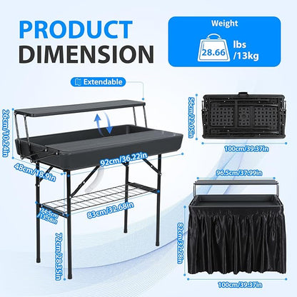 Nice C 4 ft Folding Ice Cooler Table, Party Cooler, Grazing Table, Tables with Drain, Party Tables, with Matching Skirt, Storage Shelf (Black)