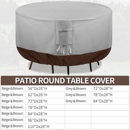 Round Patio Furniture Covers, 84" DIA x 28 H Waterproof Outdoor Furniture Cover for Patio Table & Chair Sets, 600D Heavy-duty UV-Resistant Fade-Proof Protection, Grey & Brown