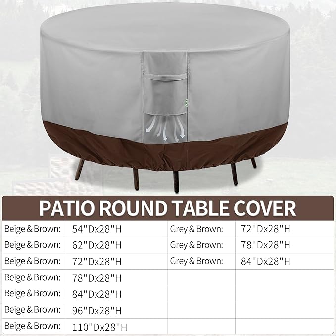 Round Patio Furniture Covers, 72" DIA x 28 H Waterproof Outdoor Furniture Cover for Patio Table & Chair Sets, 600D Heavy-duty UV-Resistant Fade-Proof Protection, Grey & Brown