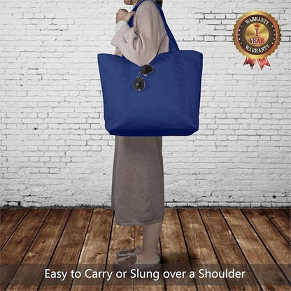 TOPDesign 30-Pack Canvas Tote Bags with an External Pocket, Reusable Grocery Shopping Bags, Top Zipper Closure, Daily Essentials (Blue)
