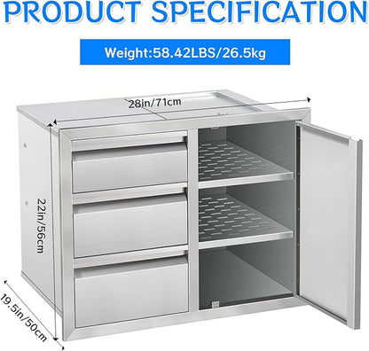 Outdoor Kitchen Drawer Combo, Stainless Steel Triple Drawers with Access Door, 28" W x 22" H x 19.5" D Outdoor Kitchen Cabinet for BBQ Island Grill Stations