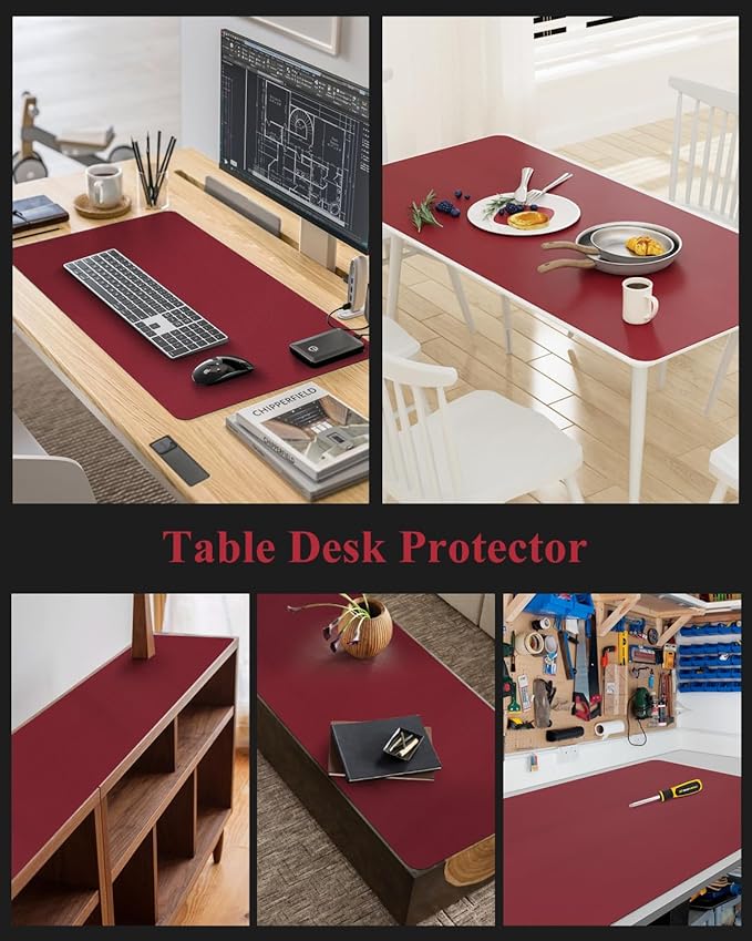 Wine Red Plastic Table Cover Protector, 42" x 60" Waterproof Easy Flat PVC Desk Pad Mat, 1.5mm Thick Rectangle Vinyl Table Top Protector for Dining Room Table, Office, Dresser