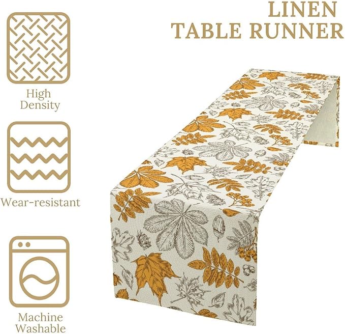 Autumn Maple Leaf Table Runner, Vintage Fall Orange Brown Nature Botanical Leaves Print Table Cover for Home Kitchen Dining Table Decor Indoor Outdoor Party, 13x120inch