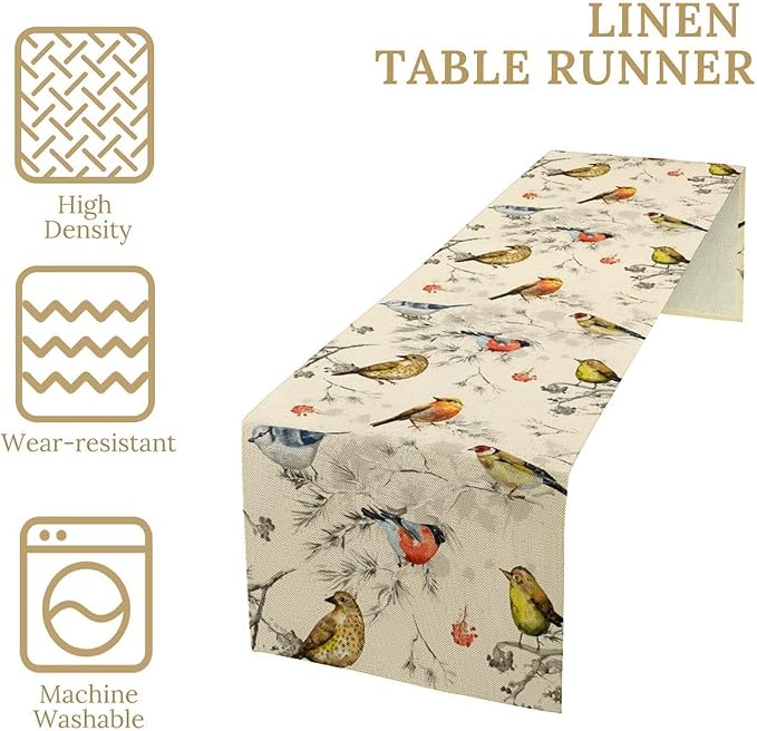 Vintage Bird Table Runner,Watercolor Winter Perching Birds Table Decoration for Kitchen Dining Table Holiday Indoor Outdoor Home Party Decor 13x120in