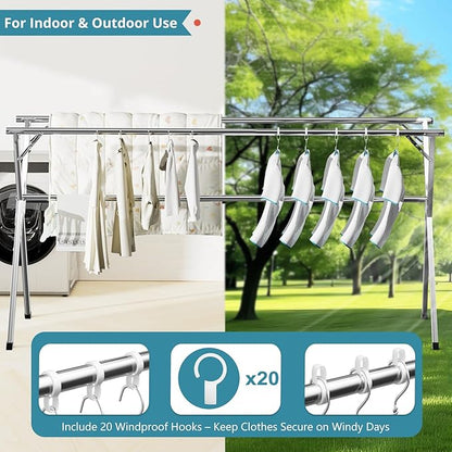 JAUREE 63 Inches Clothes Drying Rack, Drying Rack Clothing Folding Indoor Outdoor, Heavy Duty Stainless Steel Laundry Rack, Foldable Portable Large Clothes Rack Garment Rack with 20 Windproof Hooks