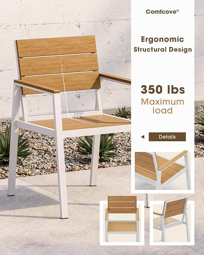 Outdoor Patio Dining Set for 6, Aluminum 7 Piece HDPS Patio Table and Chairs Set with Umbrella Hole, Modern Rectangular Patio Furniture Set with All-Weather Table & 6 Chairs (White & Teak)