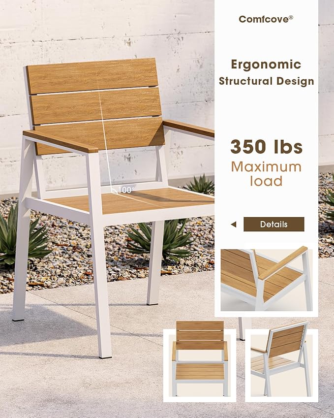 Outdoor Patio Dining Table, Aluminum & HDPS Outdoor Table with Umbrella Hole, All-Weather for Deck, Garden, Lawn, Backyard, Poolside and Indoor Use (White & Teak)