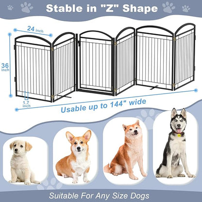 Full Metal Free Standing Dog Gate with Door for Indoor Outdoor, 144'' Extra Wide 36'' Tall Dog Gate for Doorways,Large Openings,Decks,Freestanding Portable Pet Fence(6 Panels,Black)