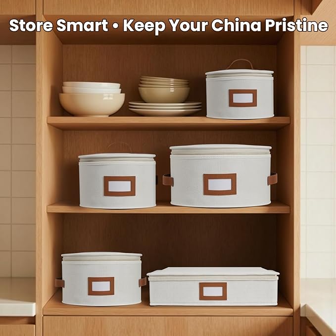 HOMELUX THEORY Platter Storage, Ivory Hard Shell China Storage Containers With 5 FeltPads, Kitchen Storage Bins With Lids, Heavy Duty Moving Box for Packing Dishes, Dinner Plate,& Dinnerware