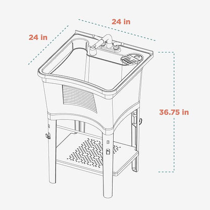 Zenna Home Utility Sink for Laundry Room and Garage, Freestanding Laundry Sink for Garage or Kitchen, Indoor & Outdoor Utility Tub with Pull-Out Faucet, Towel Bar, 24" W x 24" D x 36.75" H, White