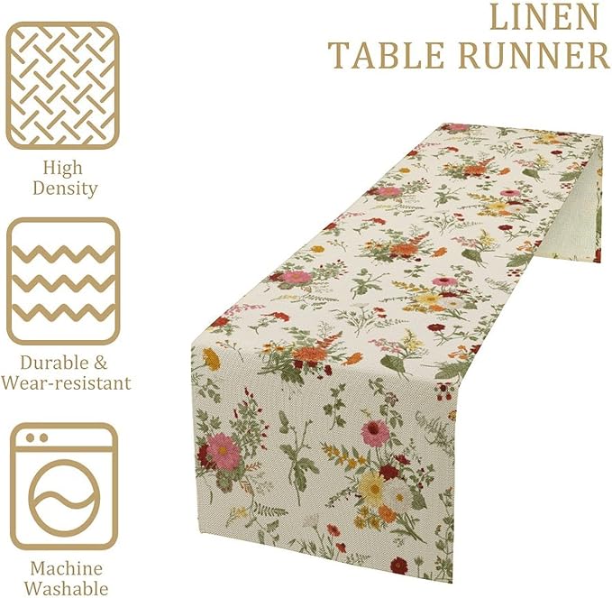 Vintage Flower Table Runner, Rustic Farmhouse Retro Garden Botanical Plants Herbs Wildflower Print Table Runner for Kitchen Dining Room Wedding Party Decor, 13x120inch