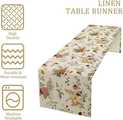 Vintage Flower Table Runner, Rustic Farmhouse Retro Garden Botanical Plants Herbs Wildflower Print Table Runner for Kitchen Dining Room Wedding Party Decor, 13x60inch