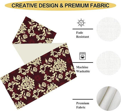 Red Damask Table Runner, Gothic Boho Baroque Style Floral Flower Antique Classic Rustic Vintage Coffee Table Center Decor for Kitchen and Dining Outdoor Home Country Party Table Decorations, 13"x36"