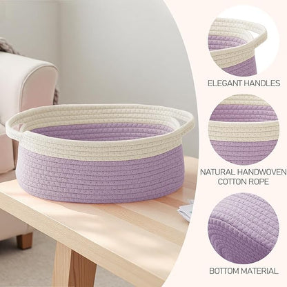 Woven Basket,Small Rope Storage Bin with Handles & Ribbon Bag, Organizer for Shelves Closets,Gift Basket Empty for Birthday,Books,Dog Toys, White&Purple