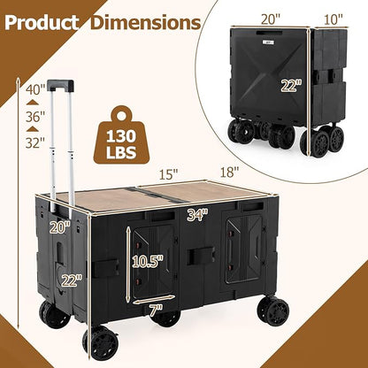 Goplus Large Foldable Utility Cart w/ 2-Tier Storage Crates, 5 Rotate Wheels, Metal Telescoping Handle, Portable Rolling Trolley Collapsible Cart for Grocery Shopping Camping & Travel